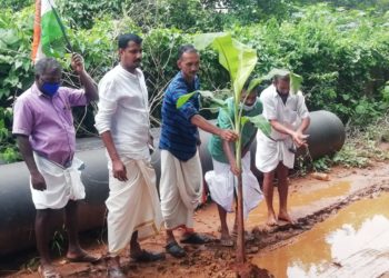 റോഡിൽ വാഴ നട്ട് പ്രതിഷേധിച്ചു