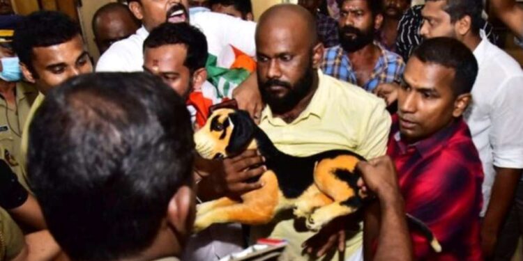 നായയുടെ രൂപം കളക്ടർക്ക് സമർപ്പിച്ച് യൂത്ത് കോൺഗ്രസ് പ്രതിഷേധം