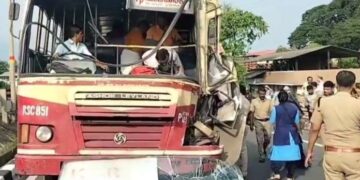 കെഎസ്ആർടിസി ബസ് കണ്ടെയ്നർ ലോറിയിൽ ഇടിച്ച് അപകടം; ആറ് പേർക്ക് പരിക്ക്