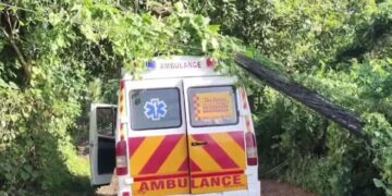 ആംബുലന്‍സിന് മുകളിലേക്ക് വൈദ്യുതി തൂണ്‍ പൊട്ടിവീണു, യാത്രക്കാർ രക്ഷപ്പെട്ടത് തലനാരിഴയ്ക്ക്