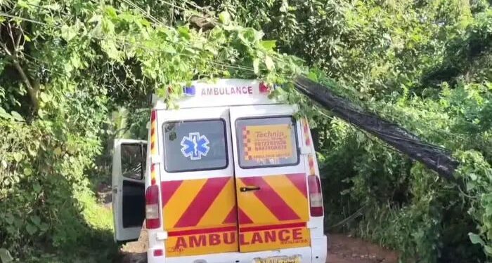 ആംബുലന്‍സിന് മുകളിലേക്ക് വൈദ്യുതി തൂണ്‍ പൊട്ടിവീണു, യാത്രക്കാർ രക്ഷപ്പെട്ടത് തലനാരിഴയ്ക്ക്