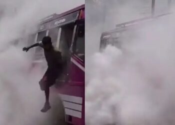 ഓടുന്ന ബസില്‍ നിന്ന് പുക; യാത്രക്കാർ  ചാടി രക്ഷപ്പെട്ടു,