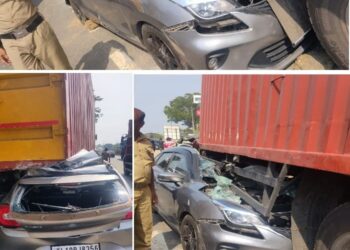 നിയന്ത്രണം വിട്ട കാർ കണ്ടെയ്നർ ലോറിക്കടിയിലേക്ക് പാഞ്ഞുകയറി; ഒരാൾക്ക് തലയ്ക്ക് ഗുരുതര പരിക്ക്