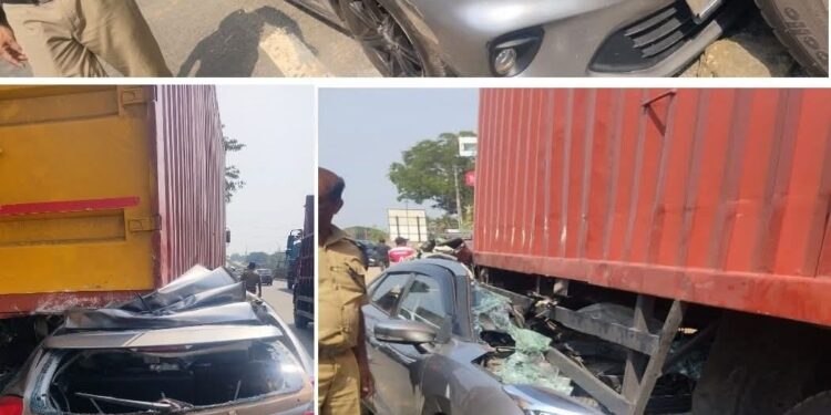 നിയന്ത്രണം വിട്ട കാർ കണ്ടെയ്നർ ലോറിക്കടിയിലേക്ക് പാഞ്ഞുകയറി; ഒരാൾക്ക് തലയ്ക്ക് ഗുരുതര പരിക്ക്